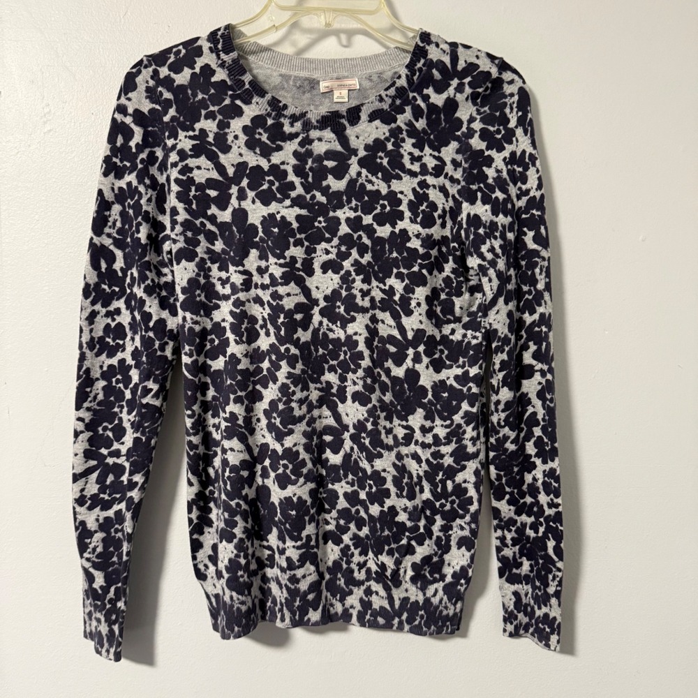 GAP Women's‎ Floral Print Long Sleeve Crewneck Sweater 100% Cotton S Gray Purple